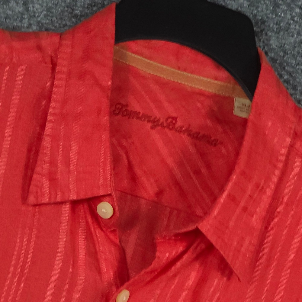 Tommy Bahama Men XL Button Down Shirt Deep Coral Striped 100% Linen Short Sleeve